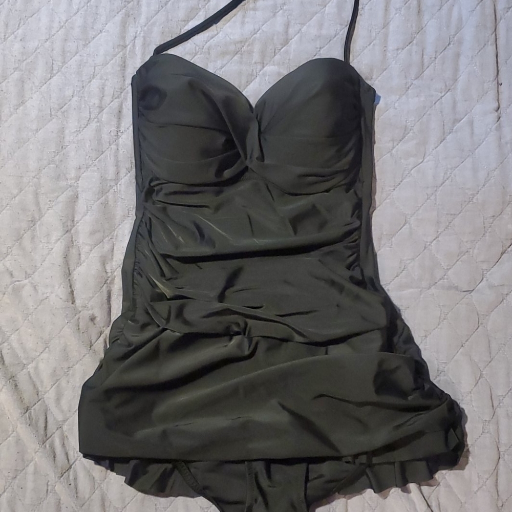 Black ruched bandeau halter one piece